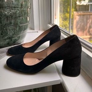 Prada Square Toe Black Suede Block Heels